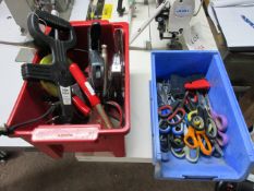 Assorted hand tools including hot knife, scissors, staples, punch, eyelet puncher, etc.