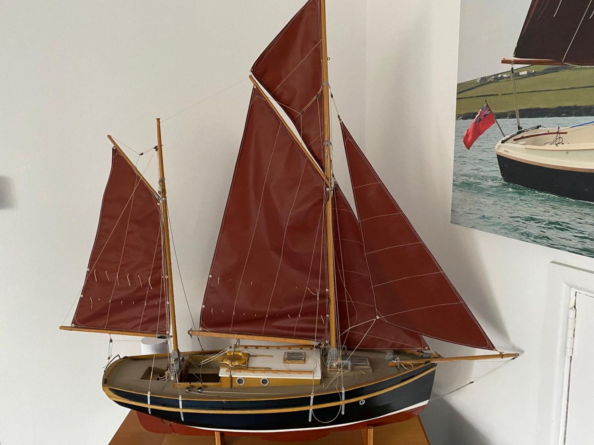 Cornish Crabbers sailing boat model on stand, name plaque with “Cornish Tender” - Image 3 of 4