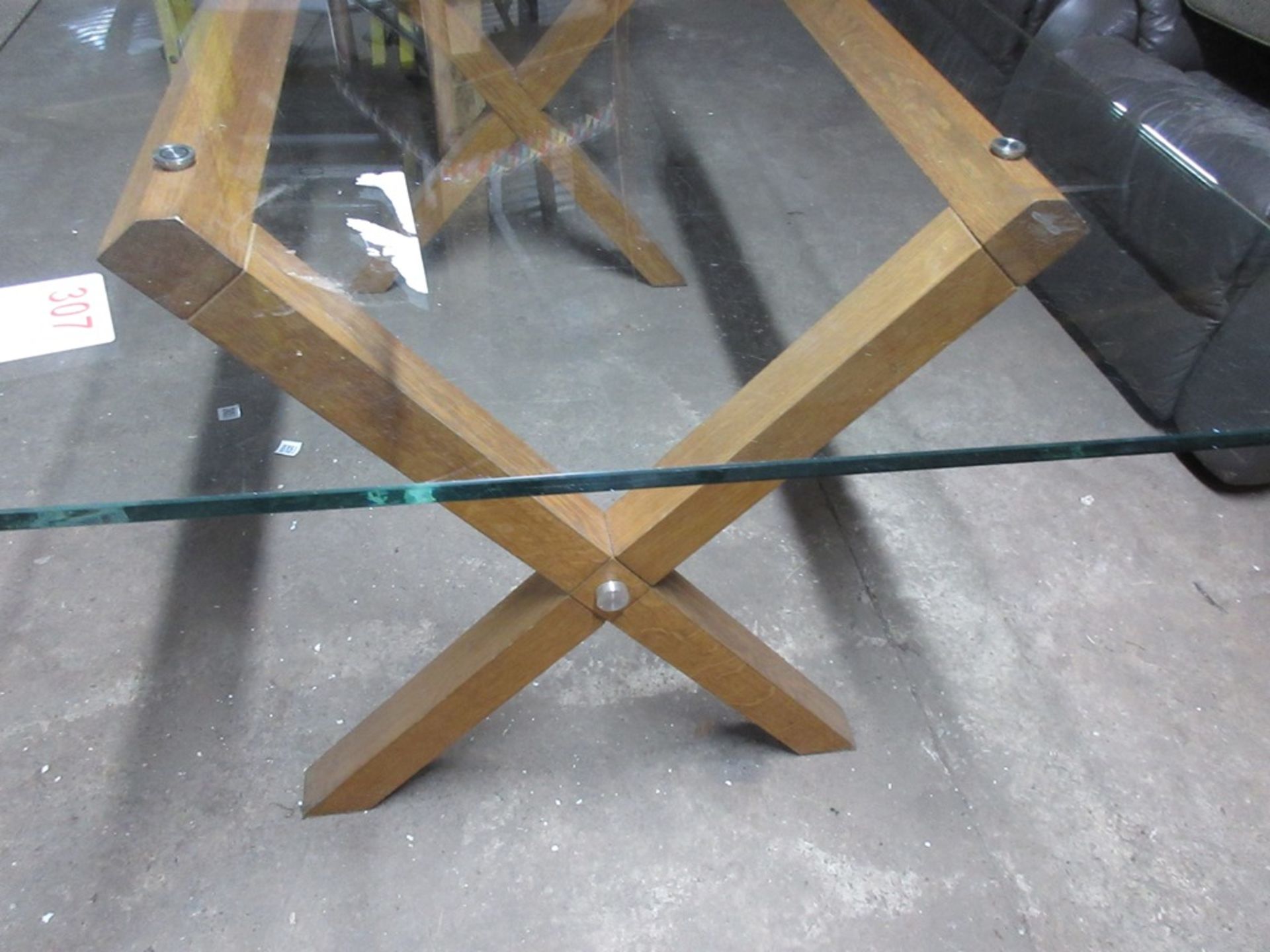 Oak frame glass top dining table, 1.5m x 850mm - Image 2 of 3
