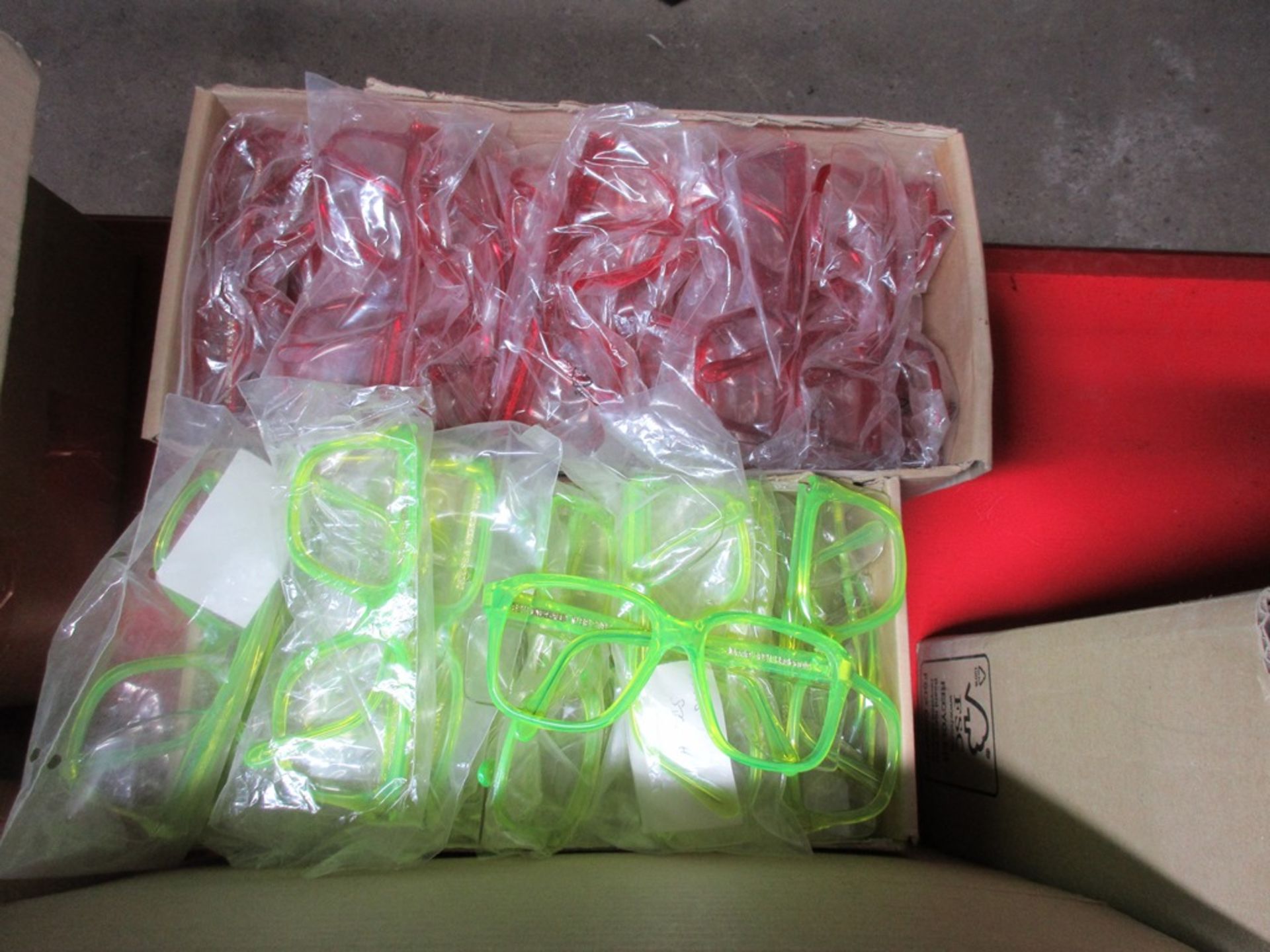 5 x boxes of various colour spectacle frames