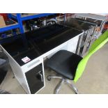 Glazed top computer workstation with single storage cupboard, 2 x glass shelf units, 2 x display s