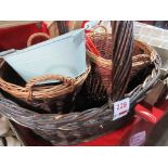 3 x various size wicker baskets and ornamental tin trough