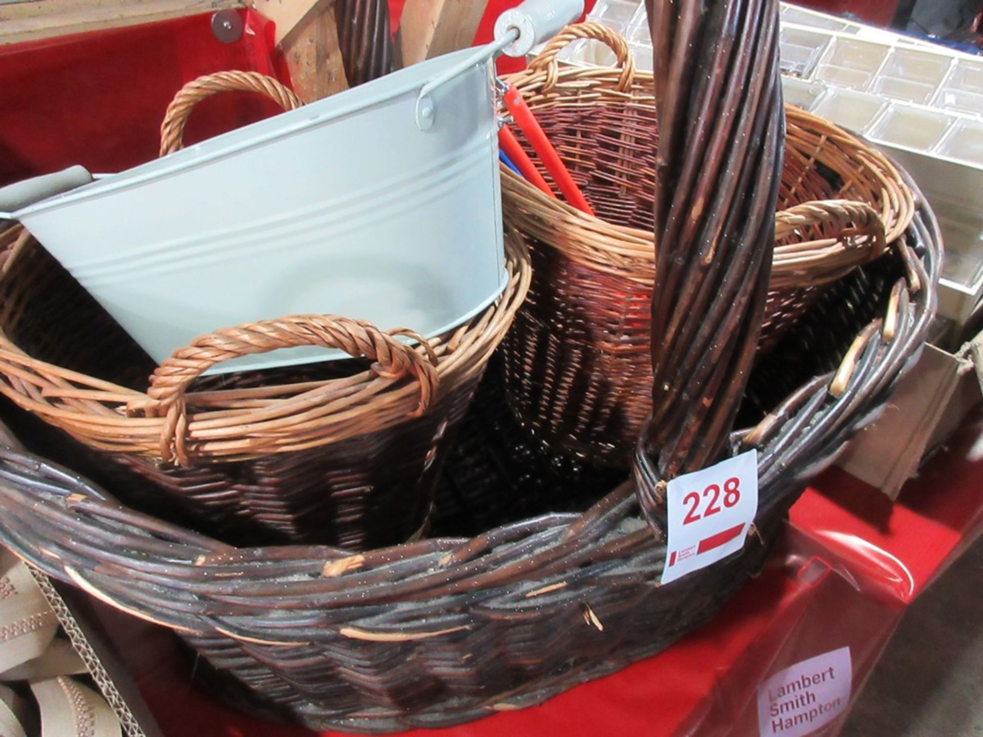 3 x various size wicker baskets and ornamental tin trough