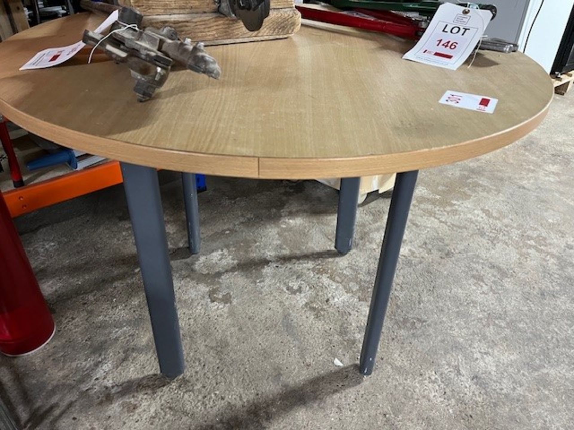 Light wood effect circular table, 1m dia? with 4 chrome frame upholstered chairs