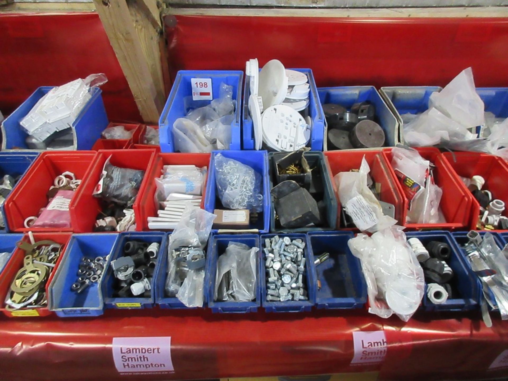 Quantity of storage bins with contents to include outlet boxes, switch covers, earth clamps, junct