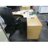 Four wood effect corner desks, 4 pedestals, 4 swivel chairs