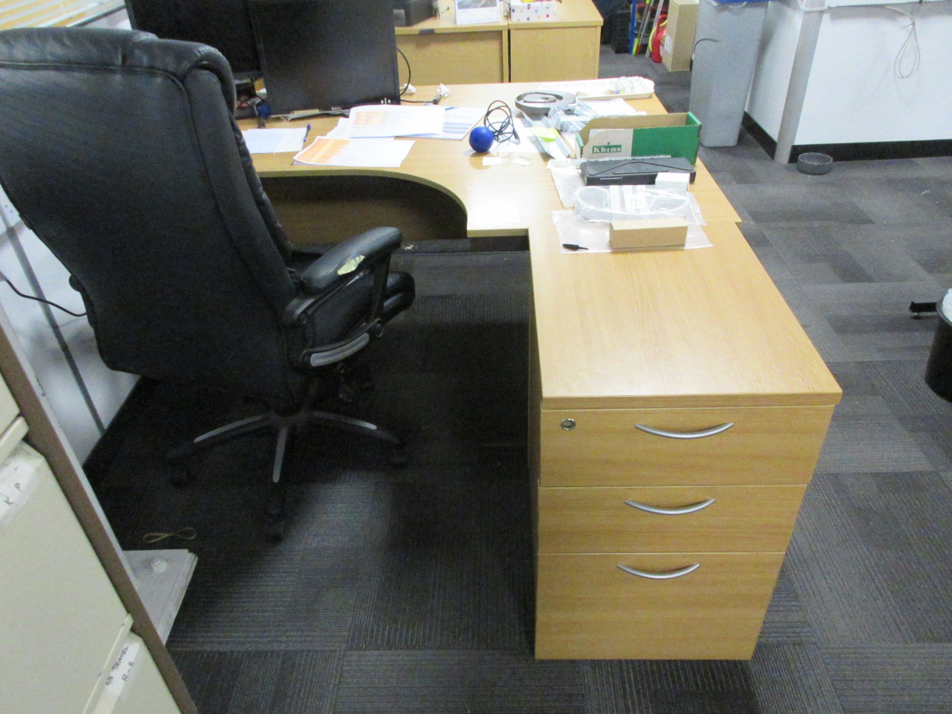 Four wood effect corner desks, 4 pedestals, 4 swivel chairs