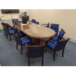 Large wooden glass topped boardroom table, 12 wooden/upholstered chairs