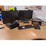 Two Viewsonic monitors, raised laptop stand, keyboard & mouse