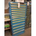 Metal 14 drawer tool cabinet, 720 x 720 x height 1630mm, with contents including carbide drill,