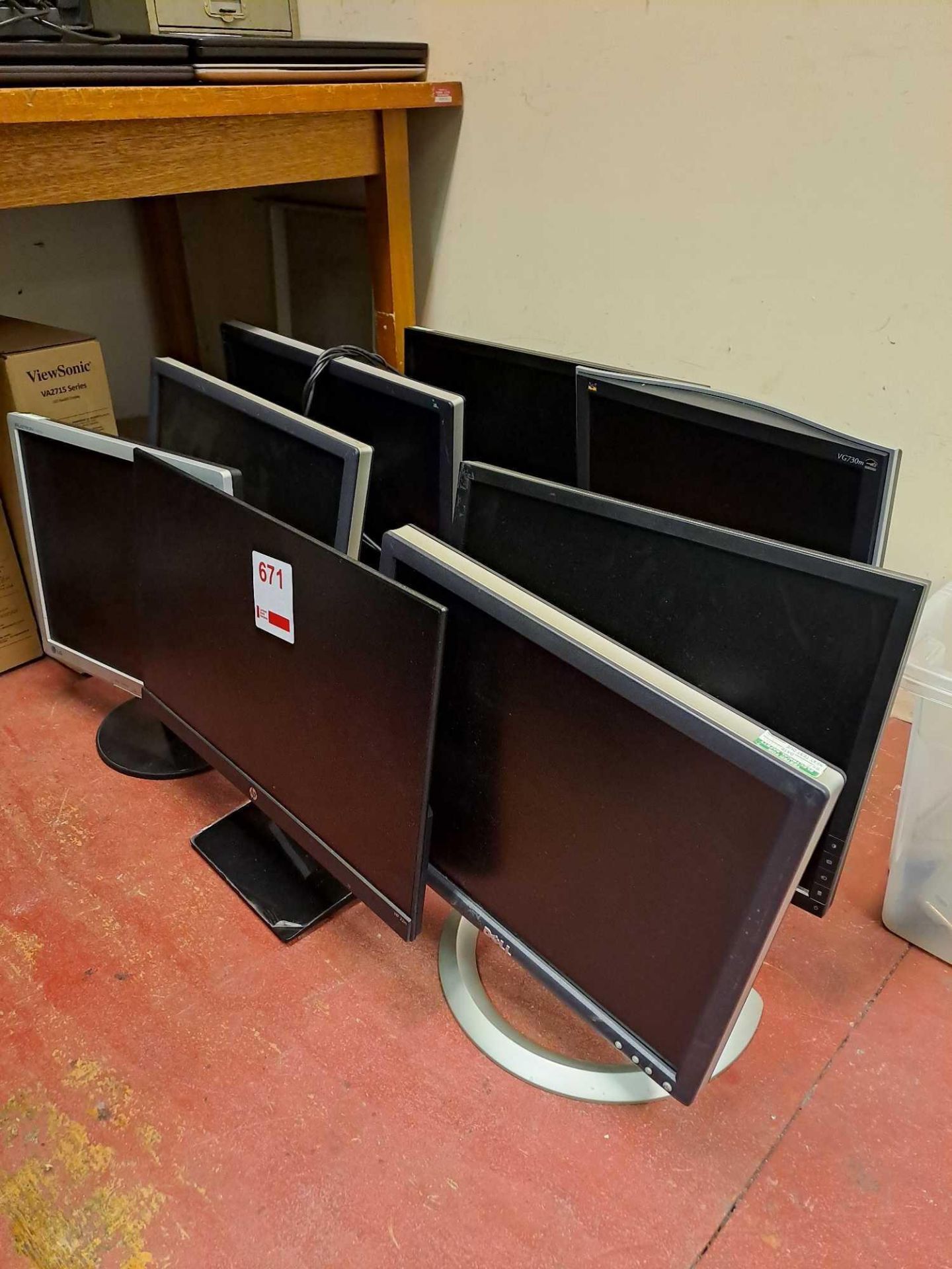 Eight assorted monitors (Dell, HP & Viewstone) - no power leads