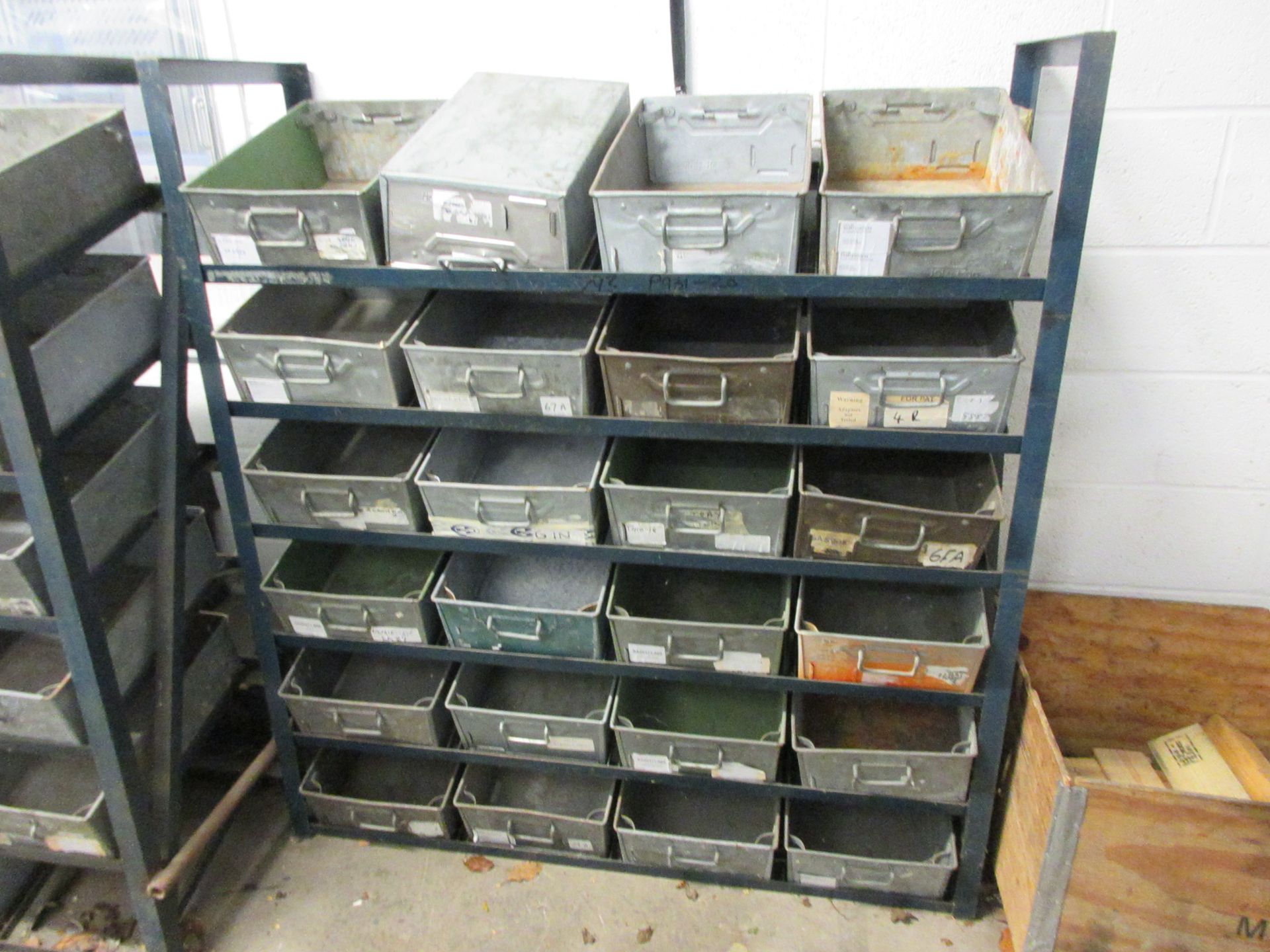 Three metal frame single sided storage racks, 1350 x 450 x 1480mm, with quantity of tote pans - Image 2 of 4