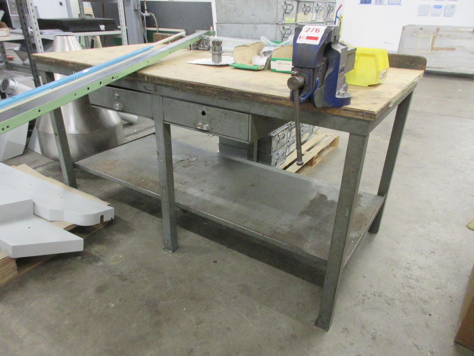 Metal frame/timber top, 2 drawer workbench 1830 x 930mm, with Record No. 23 bench vice, 110mm