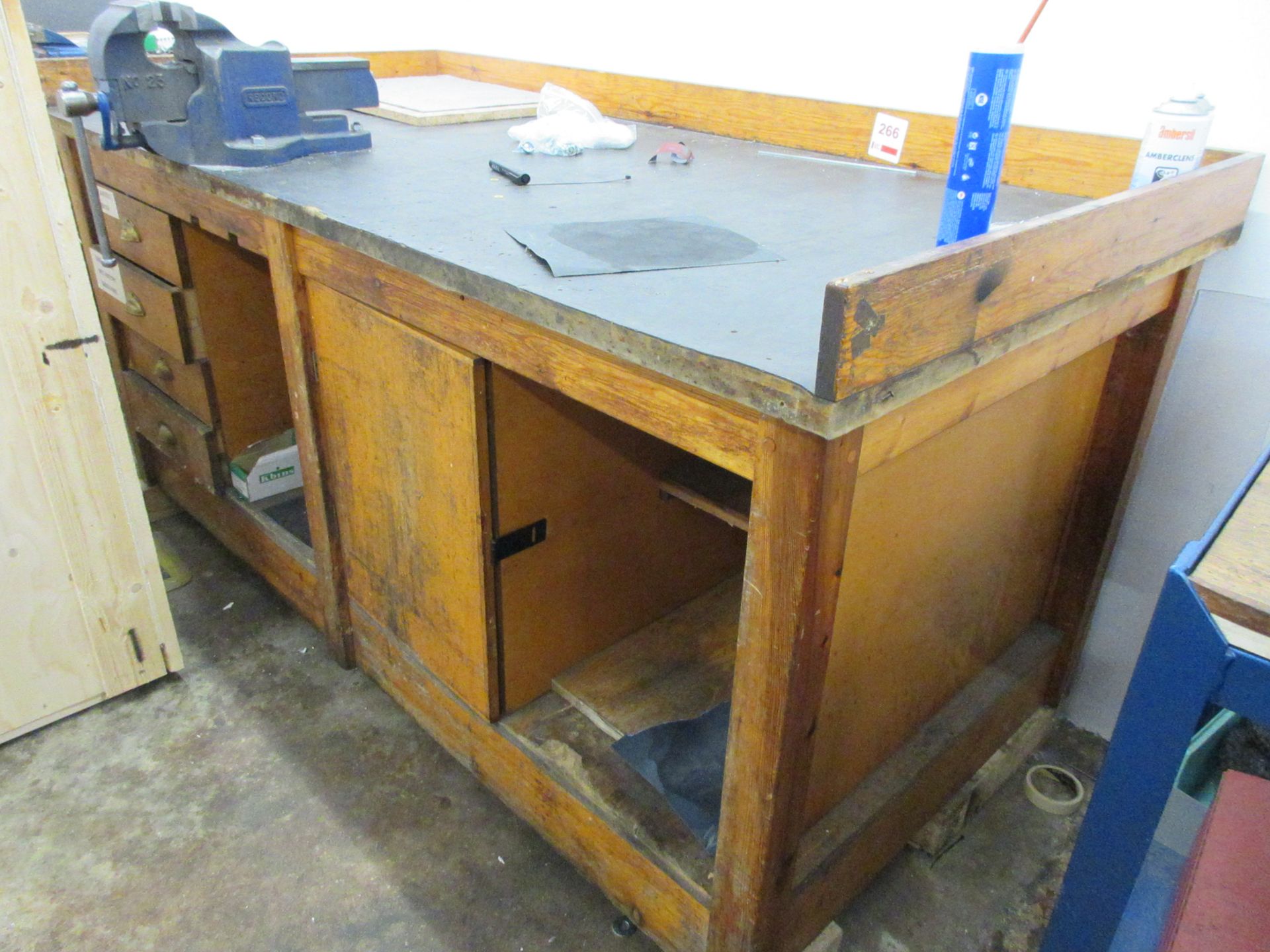 Timber frame workbench with 4 drawers, one cupboard 2m x 1m, with Record No. 23 bench vice, 110mm