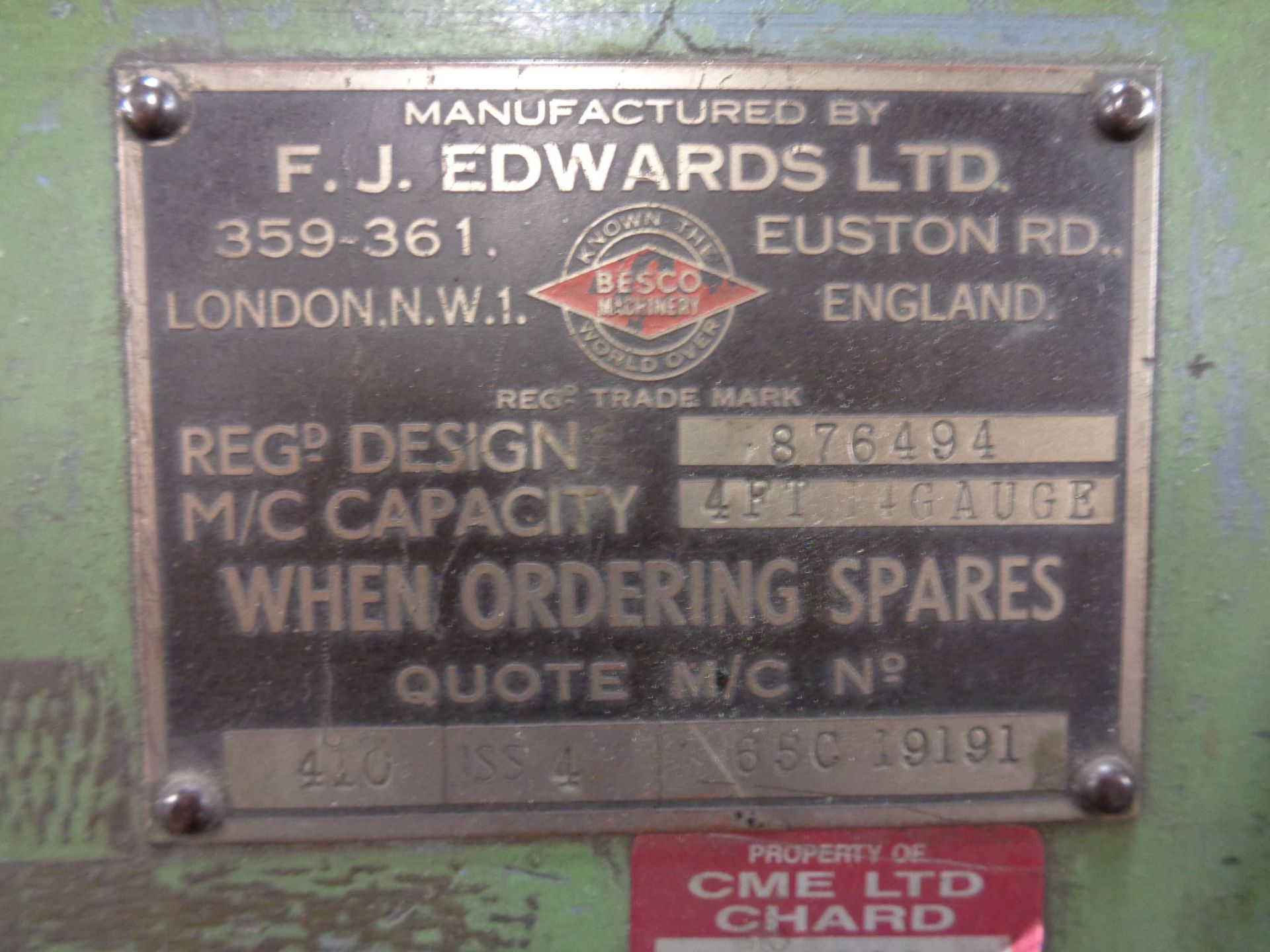 F J Edwards Besco - Truefold 4.14 Box & Pan folder made capacity 4ft 14 gauge, no. 876494 - Image 3 of 5