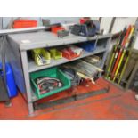 Metal frame workbench 1.5m x 700mm, with Record No. 5 bench vice, 5" (excluding contents)