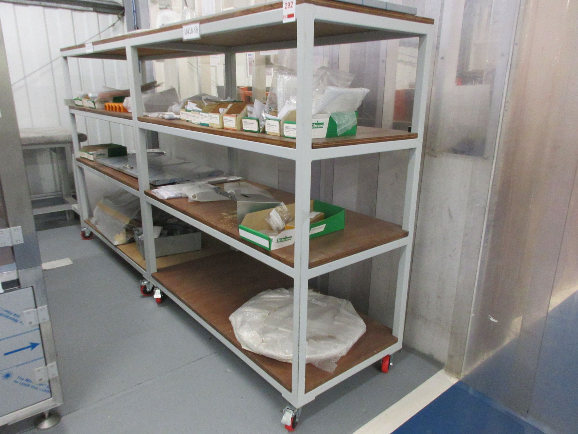 Two metal frame 4 shelf mobile racks, 1530 x 700 x height 1660mm (excluding contents)