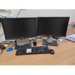 Two Dell monitors, one Dell Inspiron PC, with keyboard & mouse