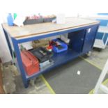 Metal frame/timber top part mobile workbench with single cupboard, 1.8m x 750mm