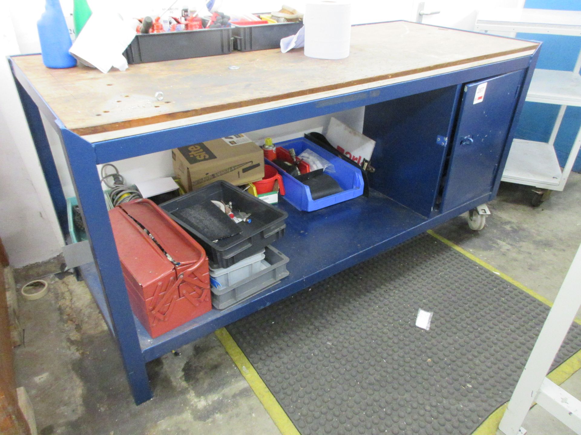 Metal frame/timber top part mobile workbench with single cupboard, 1.8m x 750mm
