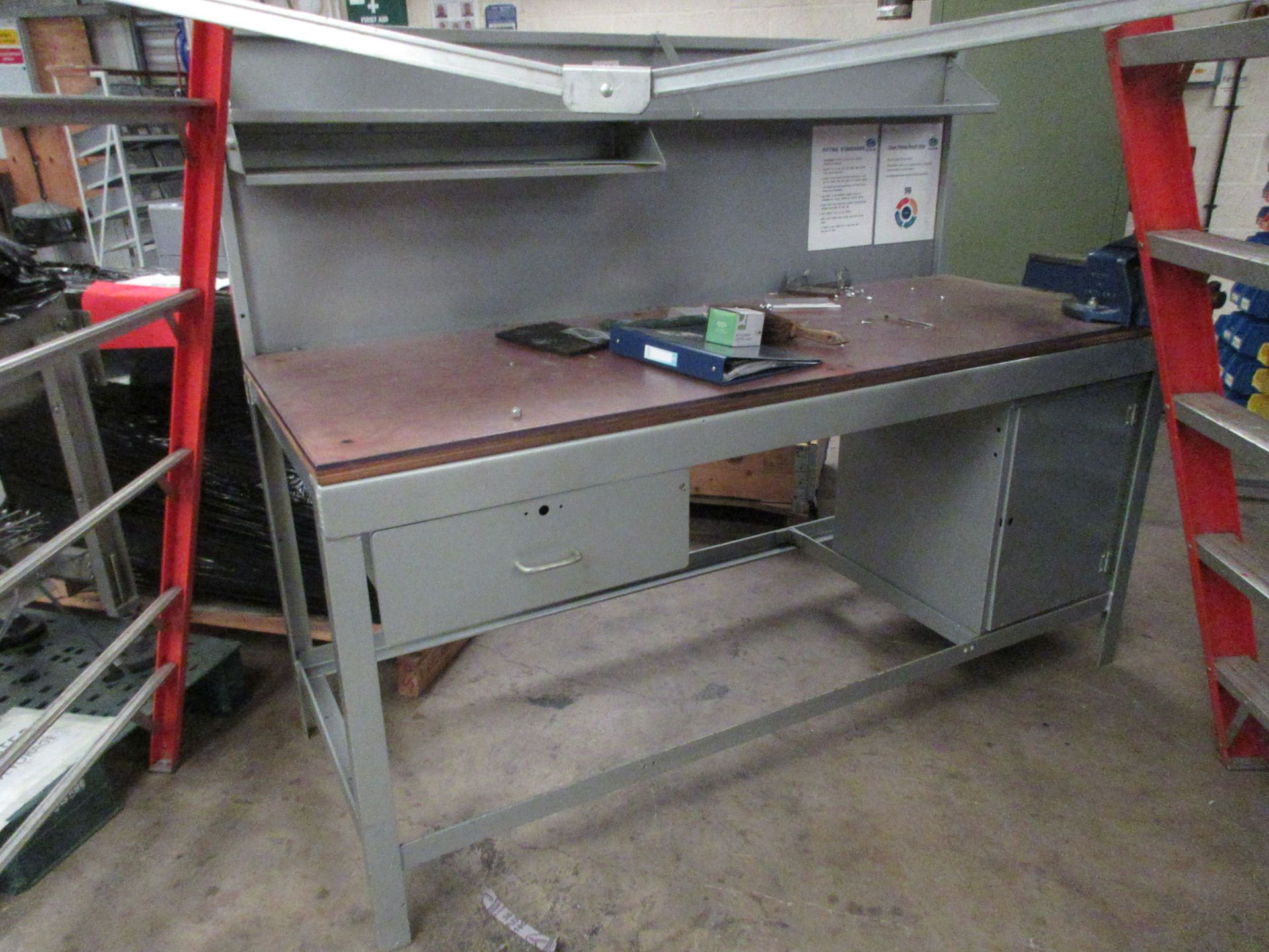 Metal frame/timber top single drawer/1 cupboard workbench, 1830 x 720mm with Record No. 3 bench
