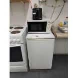 LEC undercounter fridge with Russell Hobbs toaster, and unbranded microwave