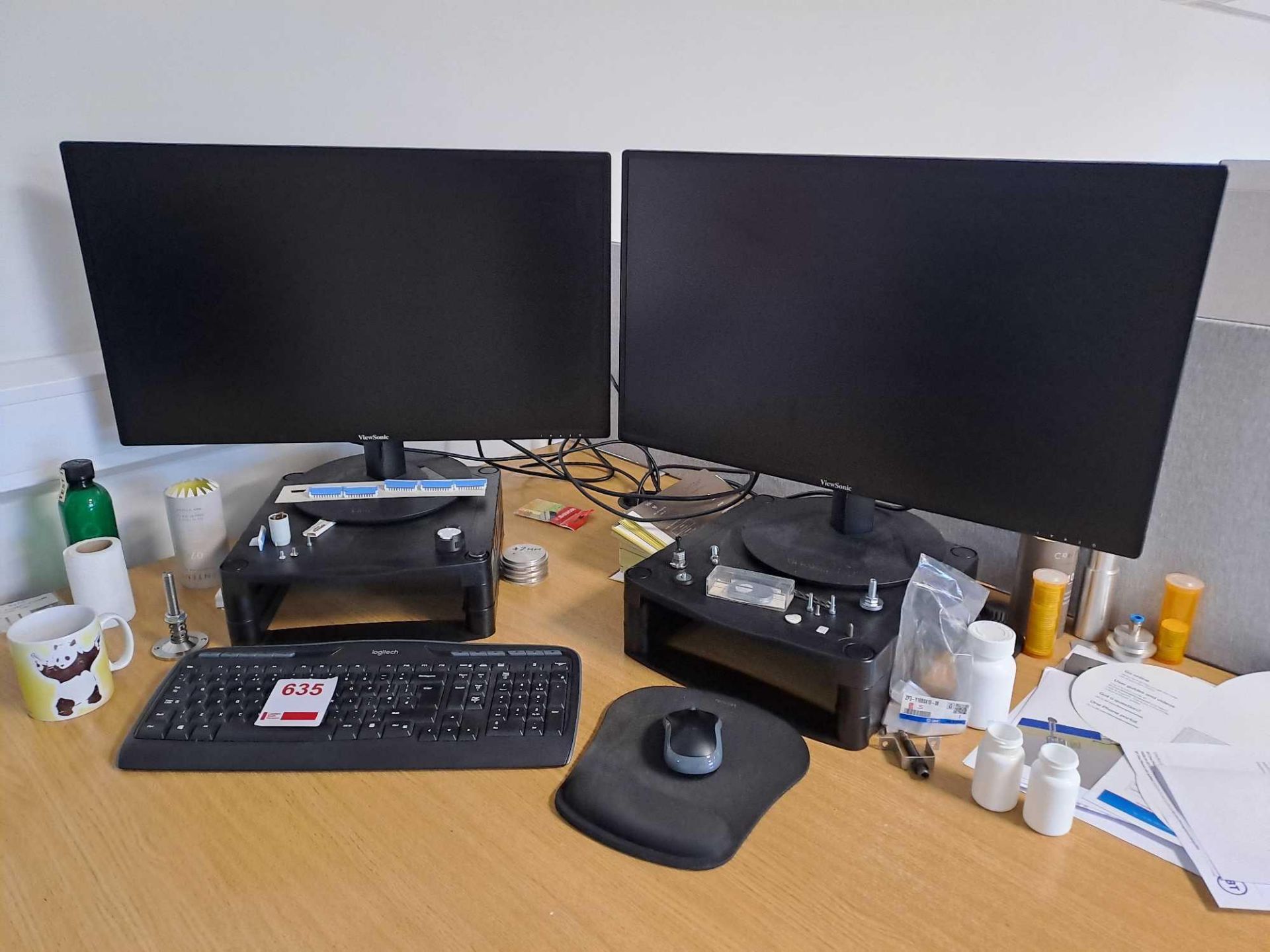Two Viewsonic monitors, keyboard, mouse and two monitor stands