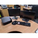 Two monitors (Dell & Ilyama), raised laptop stand, keyboard & mouse
