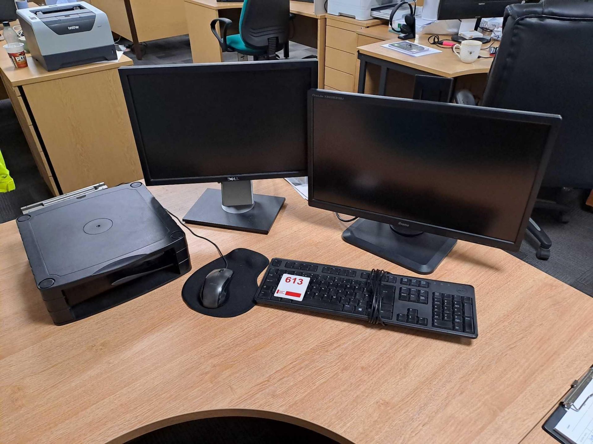 Two monitors (Dell & Ilyama), raised laptop stand, keyboard & mouse