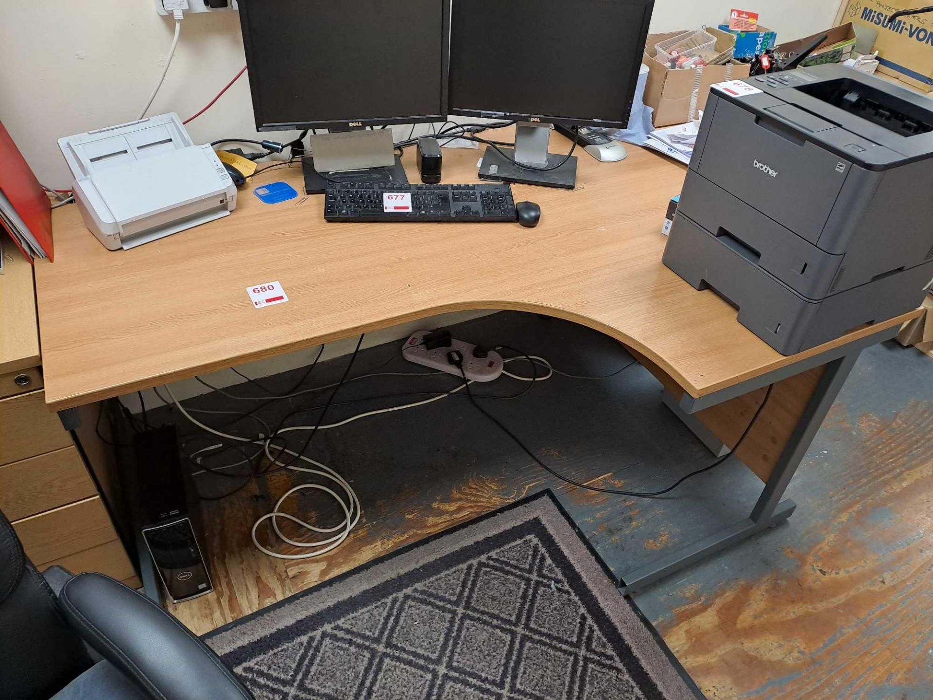 Two wood effect corner desks, 4 pedestals, one leather effect swivel chair