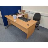 Four wood effect corner desks, three pedestals, double door storage cupboard and four upholstered