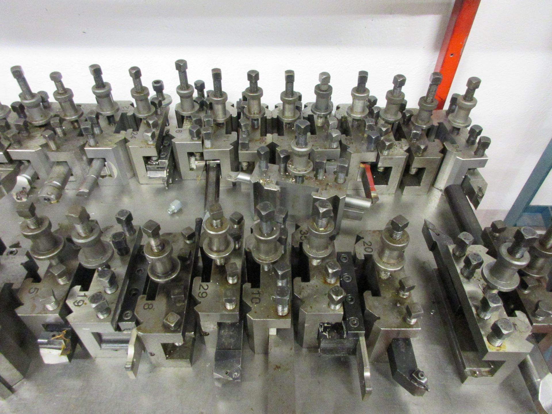 Quantity of various tool posts with associated attachments, including drill bits, cutting tools, - Image 3 of 6