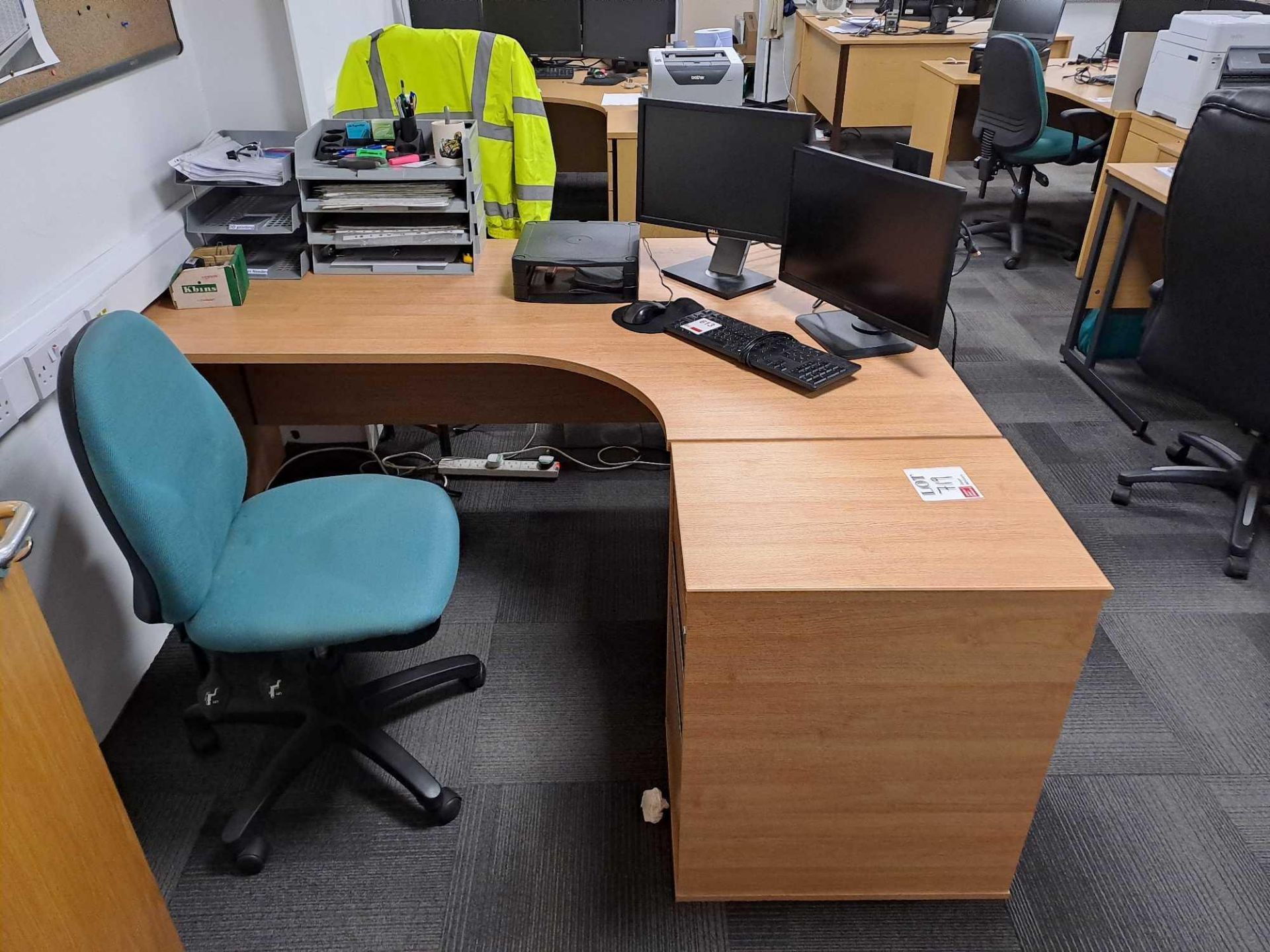 Three wood effect corner desks, 3 pedestals, 3 swivel chairs