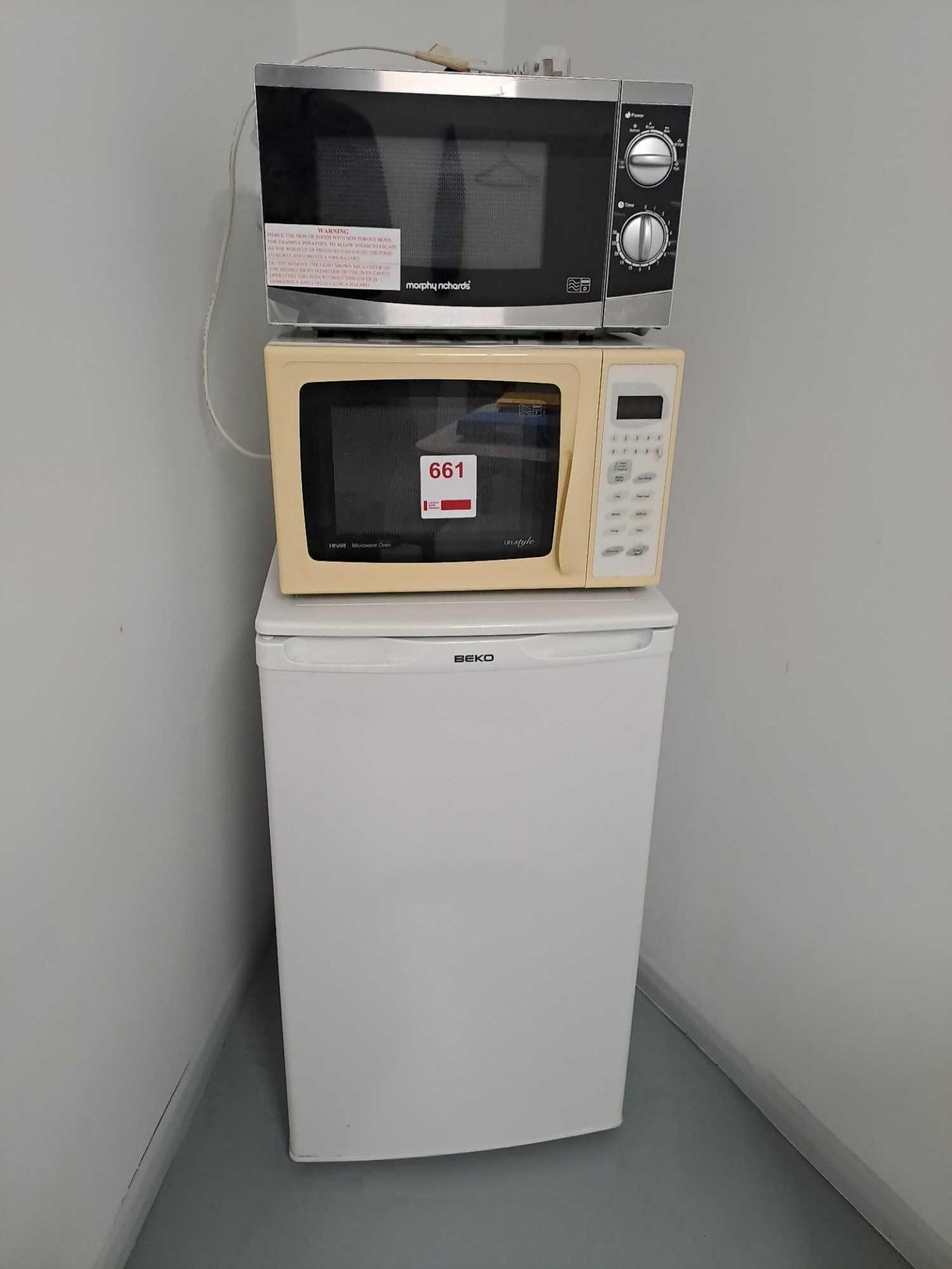 Two microwaves and one undercounter fridge