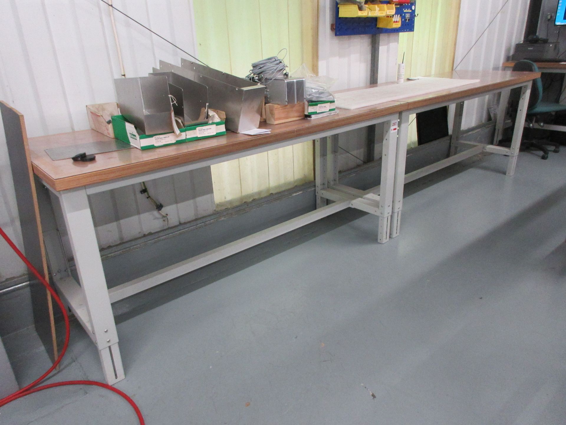 Two metal frame adjustable height workbenches, 2m x 750mm