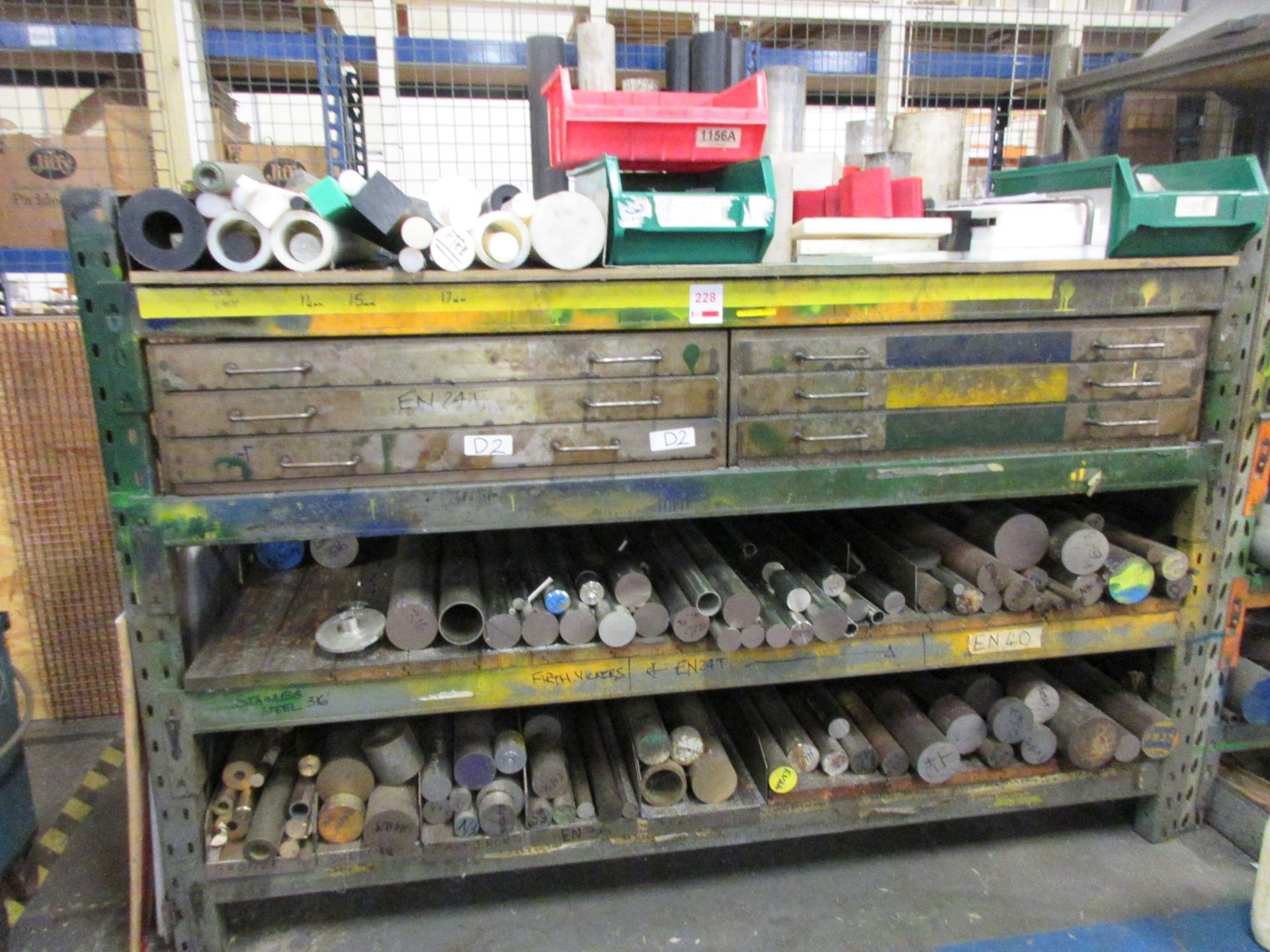 Bay of assorted bar stock including steel, EN40, brass, stainless steel, etc., various diameter &