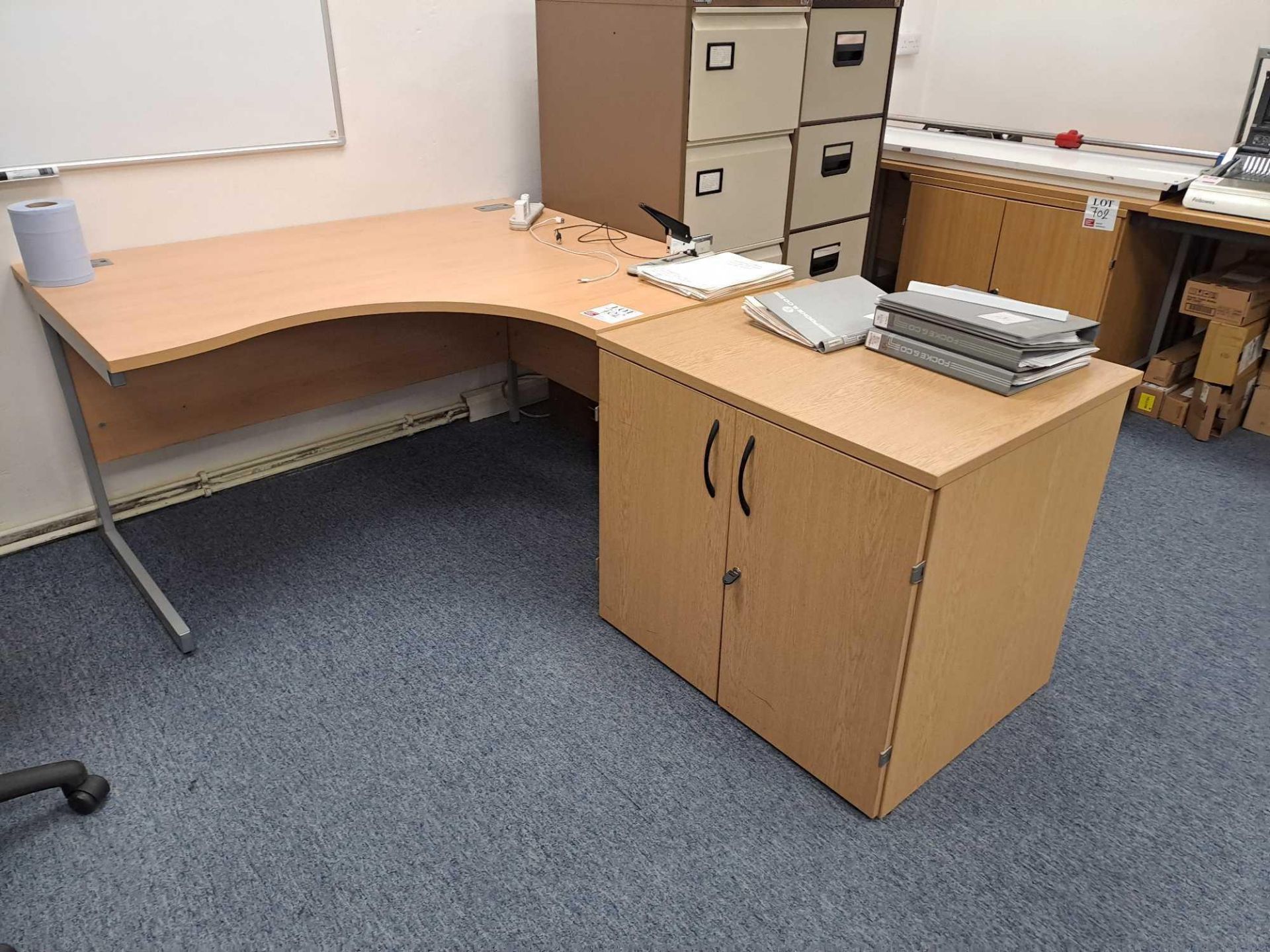 Two wood effect corner desks, two wood effect tables/desks, upholstered swivel chair - Image 2 of 4