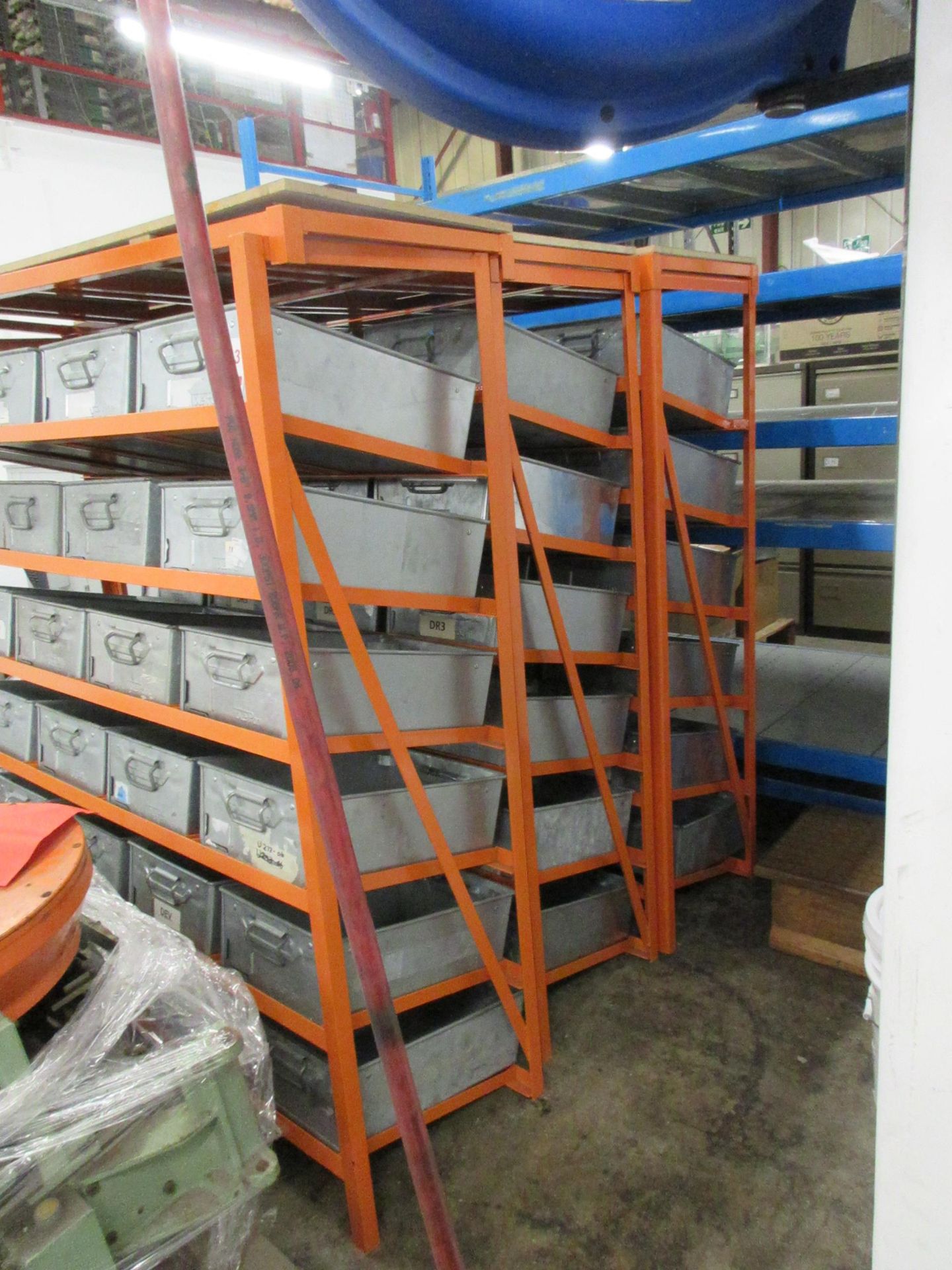 Three metal frame storage racks, 1350 x 450 x height 1520mm, to include tote pans (excluding - Image 2 of 5