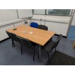 Two wood effect tables, 5 upholstered chairs, 3 wall mounted whiteboards