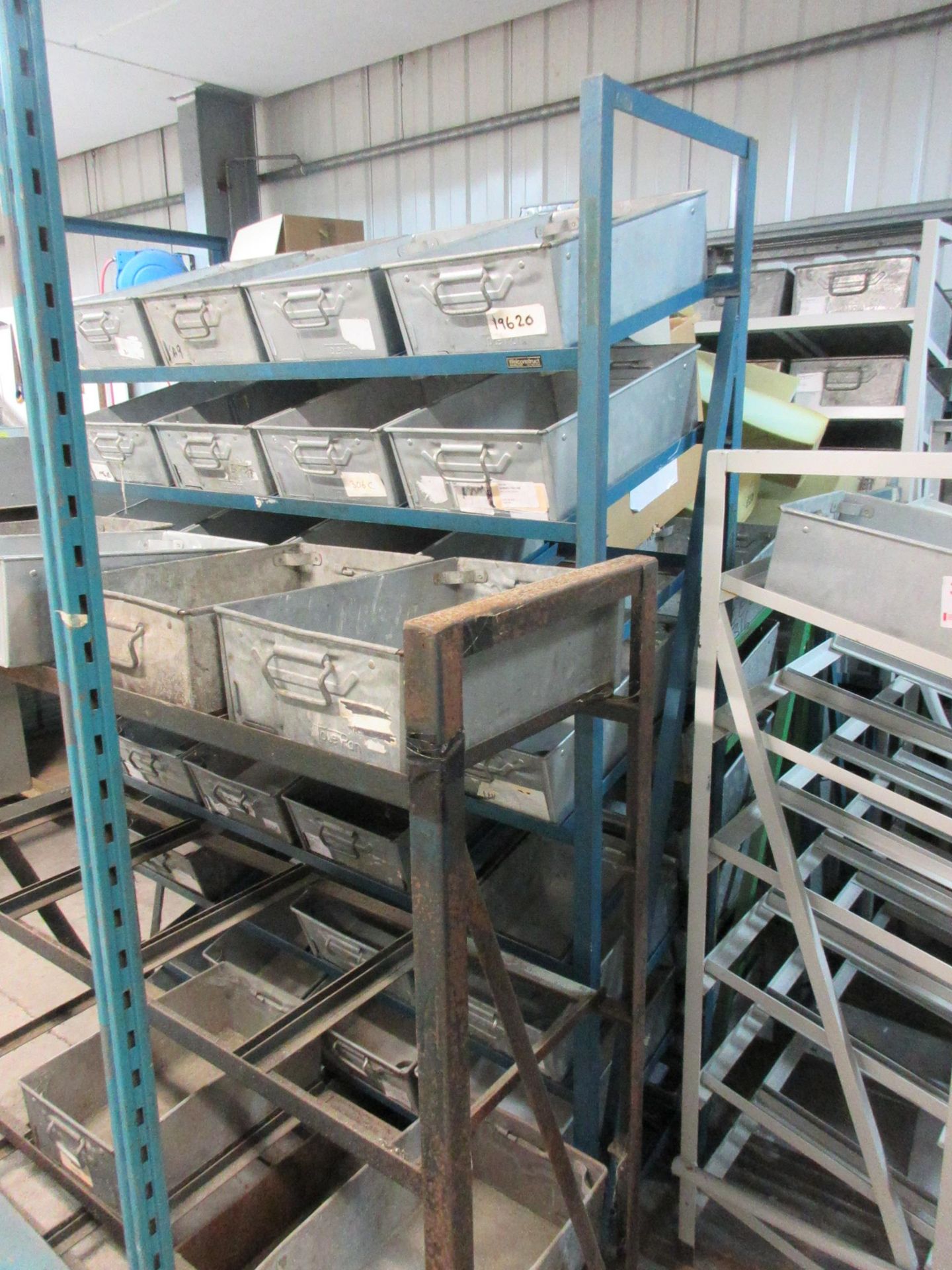 Four assorted size metal frame single sided storage racks, 1350 x 450 x various heights with - Image 2 of 3