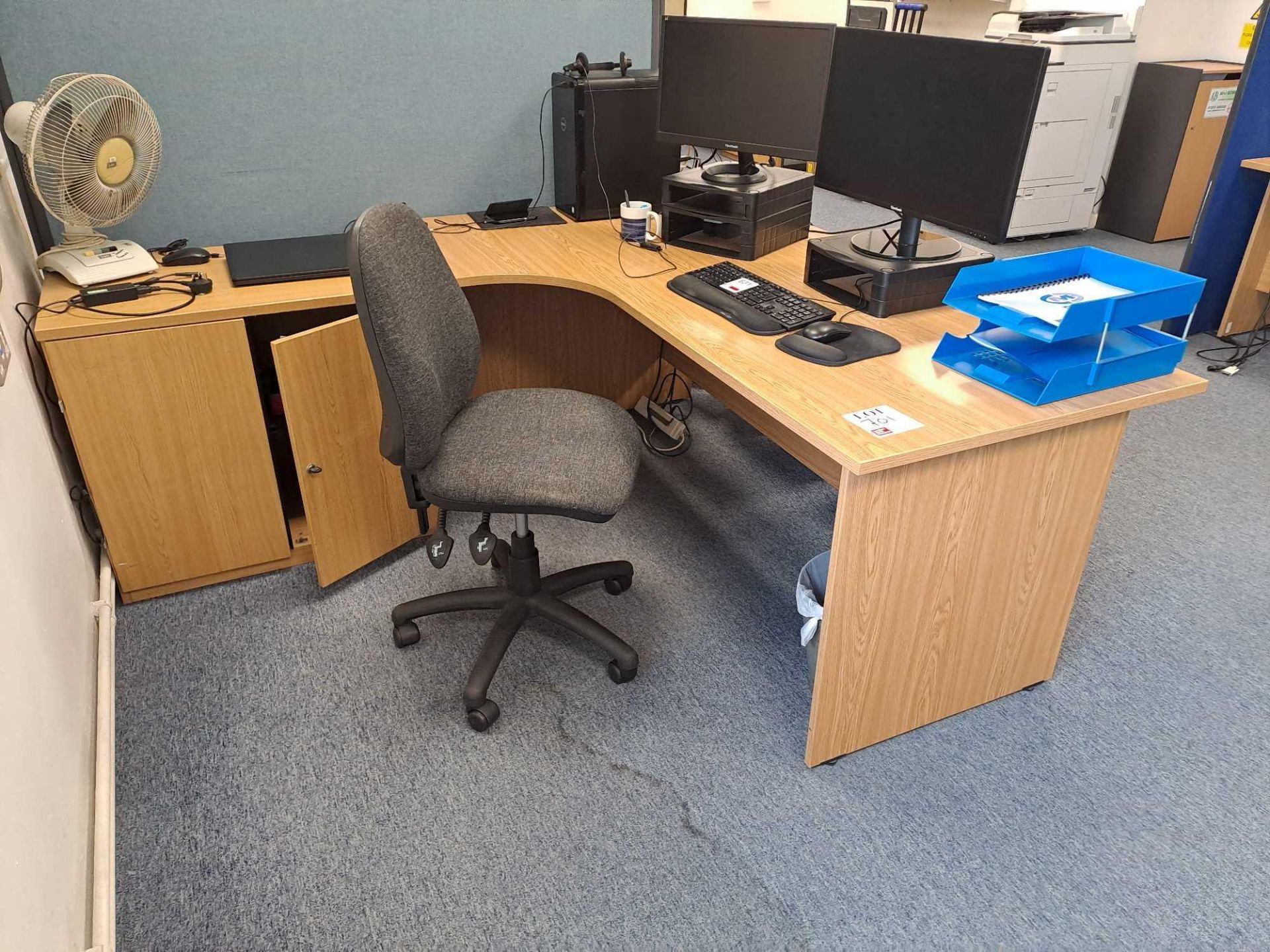 Four wood effect corner desks, three pedestals, double door storage cupboard and four upholstered - Image 2 of 5