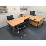 Wood effect desk, two pedestals, table, double door storage cabinet, four leather effect chairs