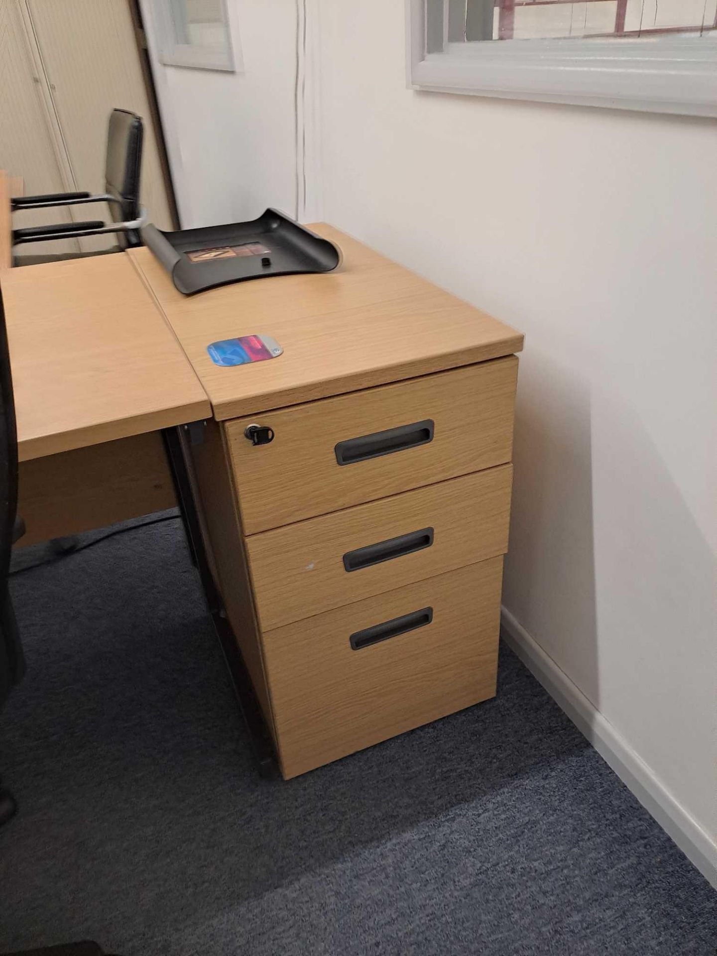 Wood effect desk, two pedestals, table, double door storage cabinet, four leather effect chairs - Image 2 of 4