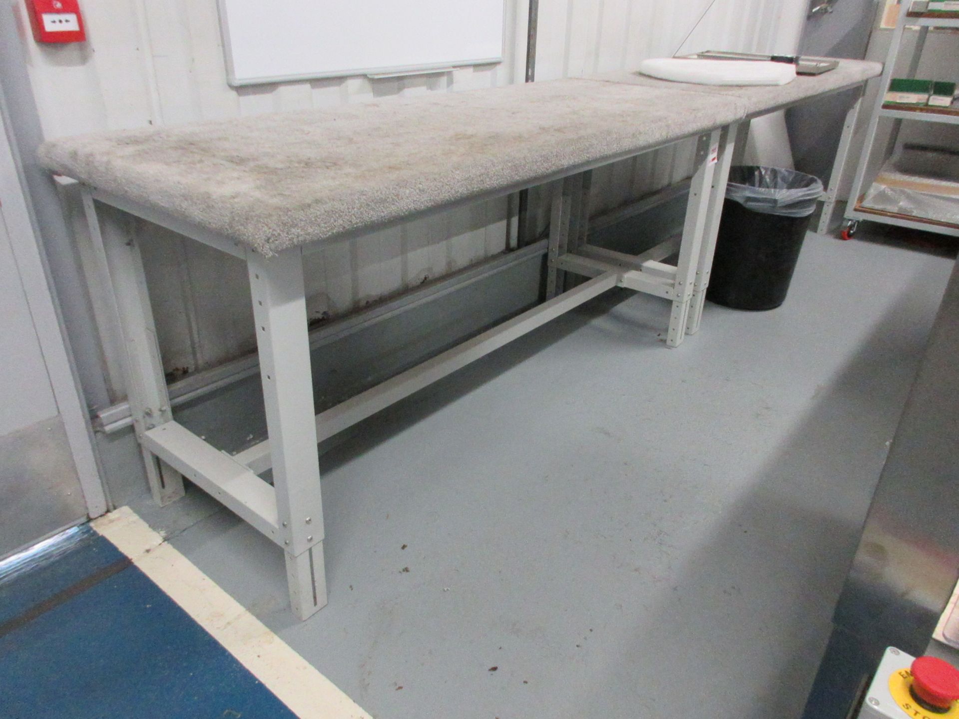 Two metal frame adjustable height workbenches, 2.3m x 2m x 760mm
