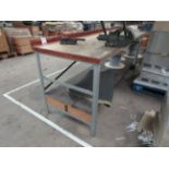 Metal frame/timber top workbench, 3180 x 800mm with Record No. 3, 4" and Record 34P, 115mm bench