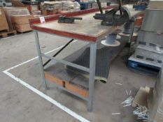 Metal frame/timber top workbench, 3180 x 800mm with Record No. 3, 4