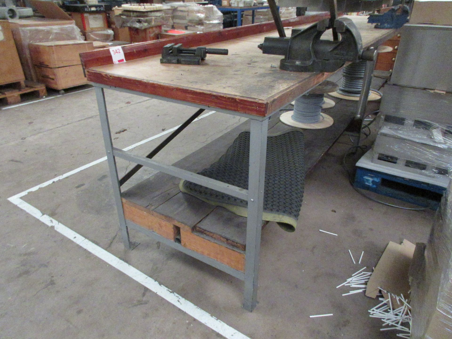 Metal frame/timber top workbench, 3180 x 800mm with Record No. 3, 4" and Record 34P, 115mm bench