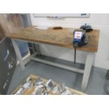 Metal frame/timber top workbench, 1.5m x 750mm with Record No. 34P bench vice, 110mm