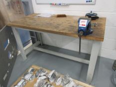 Metal frame/timber top workbench, 1.5m x 750mm with Record No. 34P bench vice, 110mm