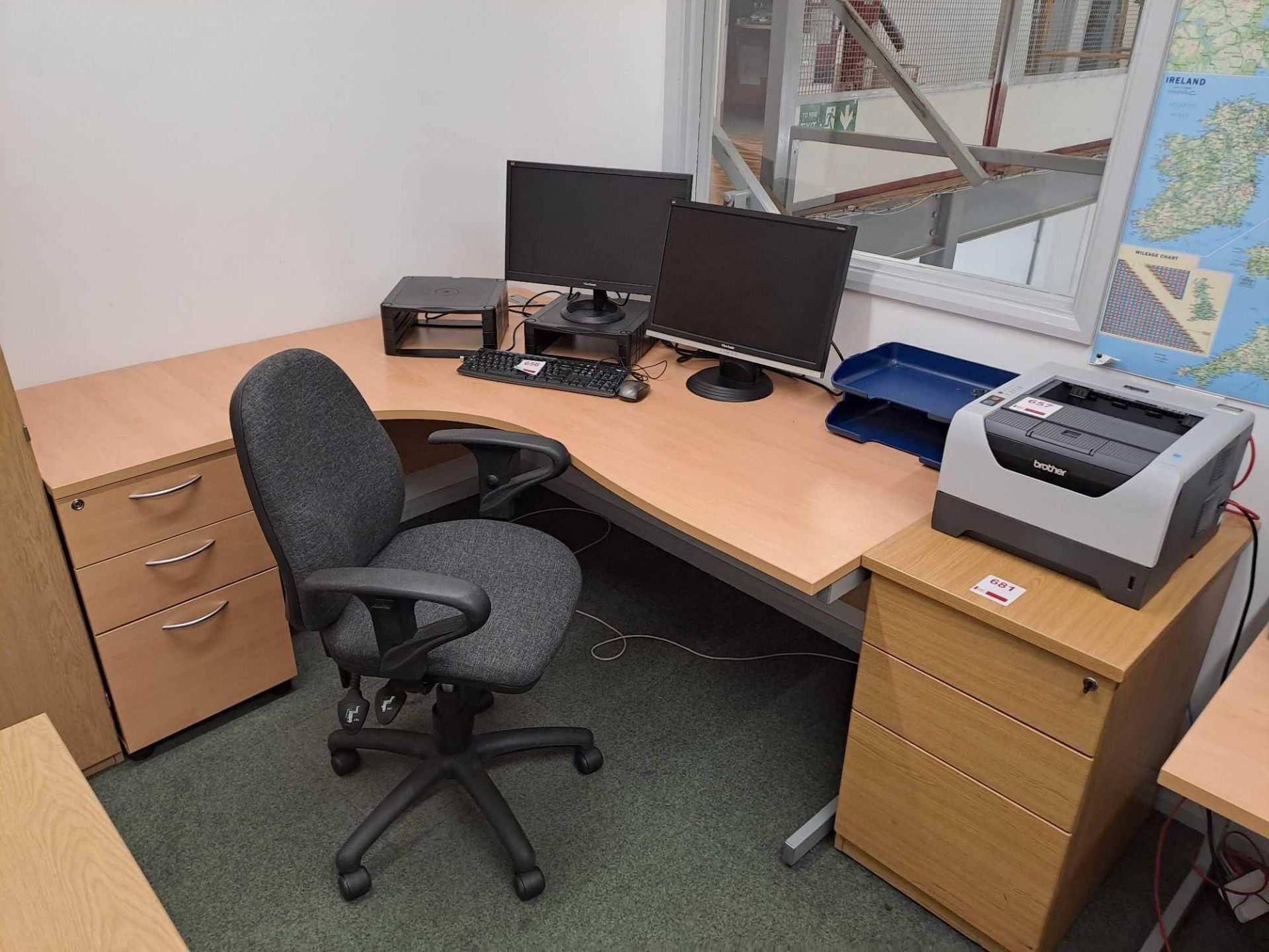 Two wood effect corner desks, 3 pedestals, 2 upholstered chairs - Image 2 of 3